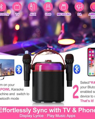 Karaoke portatile Bluetooth + 2 Microfoni Wireless
