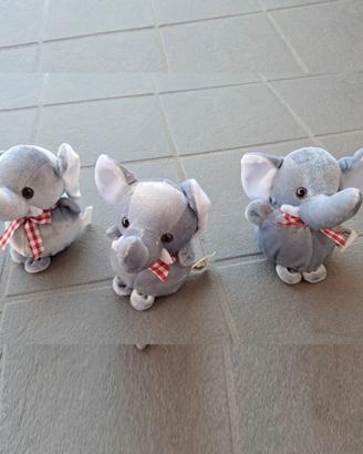Lotto 3 elefantini peluche grigi con fiocco quadre