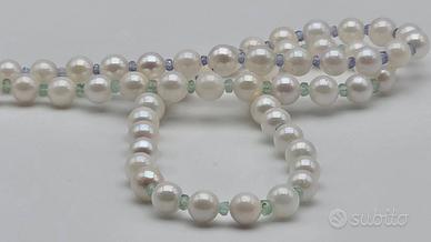 Collana perle akoya, smeraldi e tanzanite