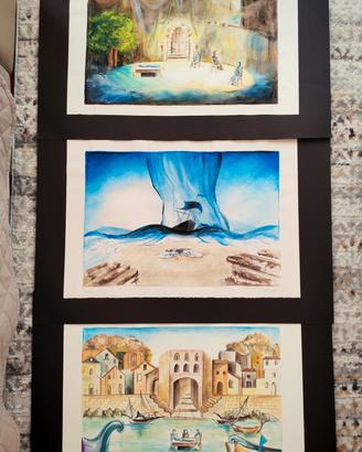 3 Tavole di scenografia a gouache. 45*60 cm