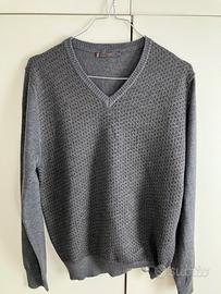 Maglione grigio a quadri marroni - collo a V
