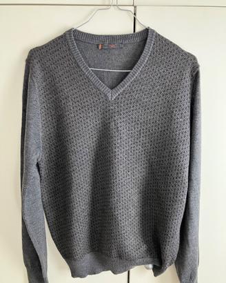 Maglione grigio a quadri marroni - collo a V