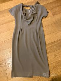 Abito Midi Grigio Tortora con Scollo a Drappeggio