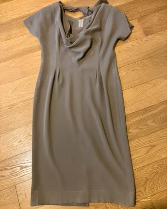 Abito Midi Grigio Tortora con Scollo a Drappeggio