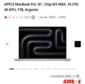 APPLE MacBook Pro 16'', Chip M3 MAX, 16 CPU 40 GPU