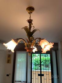 Lampadario 3 faretti in legno e ferro battuto