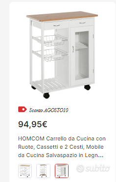 HomCom Carrello da Cucina con Cassetti e 2 Cesti Rotelle, in Legno