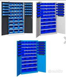 3 armadi in metallo con contenitori per minuteria