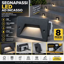 8 Segnapassi LED da incasso 3W 4000K luce naturale