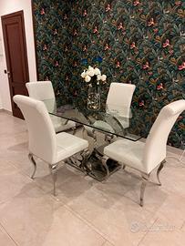 Tavolo Chanel  vetro e acciaio + sedie in pelle