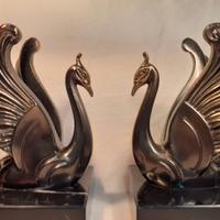 Coppia reggilibri con cigni metallo e marmo