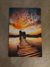Quadro su tela con lago e ponte in legno