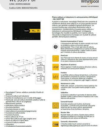 PIANO COTTURA INDUZIONE 77 CM MOD. WL S3377 BF HOB