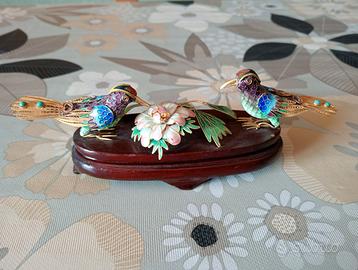 Coppia Uccellini Vintage Cinese Smalto Cloisonné