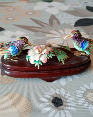 Coppia Uccellini Vintage Cinese Smalto Cloisonné