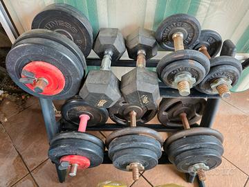 set rastrelliera e manubri palestra circa 85 kg