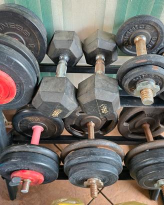 set rastrelliera e manubri palestra circa 85 kg
