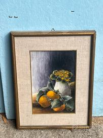 Dipinto vintage natura morta con arance e fiori
