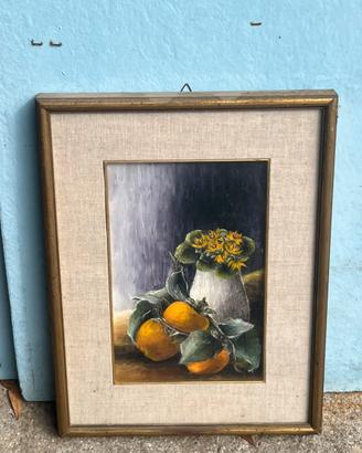 Dipinto vintage natura morta con arance e fiori