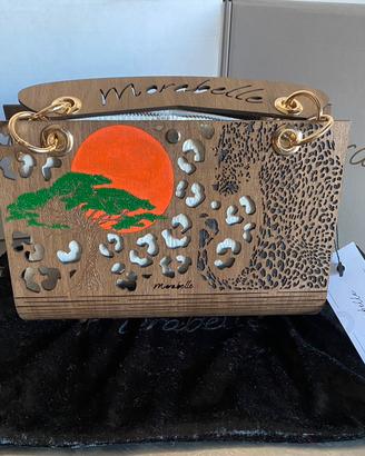 Borsa in vera pelle e legno incisa al laser