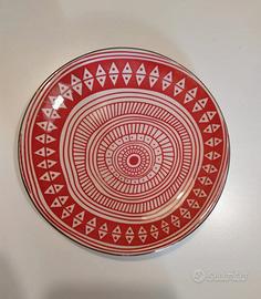 🟢 Piattino panna/rosso corallo/oro in ceramica 