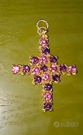 Ciondolo Croce Anni  '70 Dorato con Strass Rosa