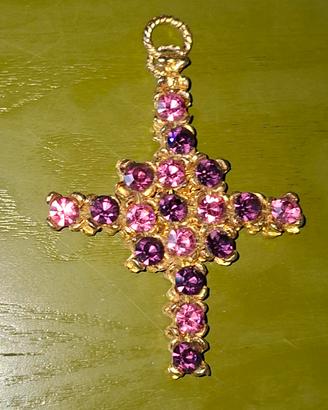 Ciondolo Croce Anni  '70 Dorato con Strass Rosa