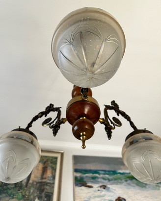 Lampadario Vintage Legno e Ottone