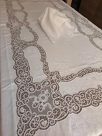 tovaglia da 12 posti bianca in lino e merletto di 