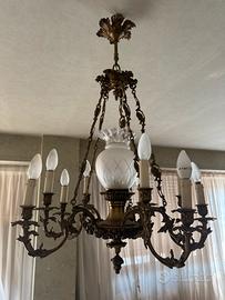Lampadario a Gabbia in Ottone e Vetro Molato