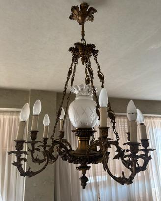 Lampadario a Gabbia in Ottone e Vetro Molato