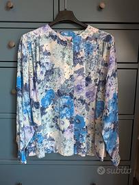 camicia pura seta vintage a fiori azzurro lilla