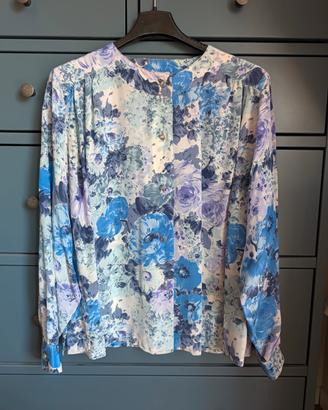 camicia pura seta vintage a fiori azzurro lilla