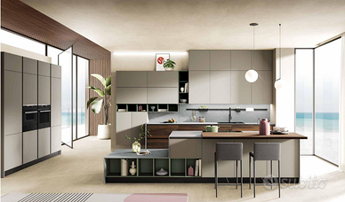 CUCINA CON ISOLA+PIANO SNACK LINEARE CON COLONNE