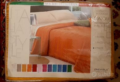 Copriletto Coperta Arancio Ciniglia Onda Blu