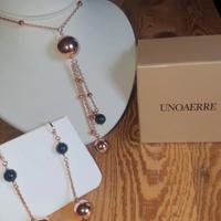 Collana lunga e orecchini in bronzo dorato e onice