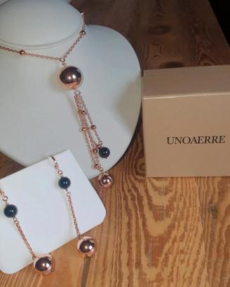 Collana lunga e orecchini in bronzo dorato e onice