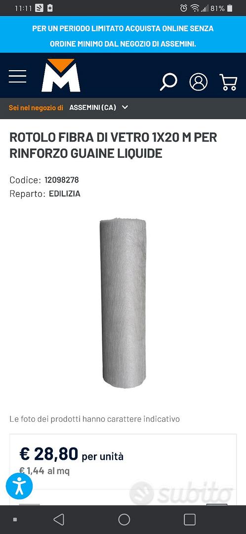 ROTOLO FIBRA DI VETRO 1x20 m PER RINFORZO GUAINE LIQUIDE