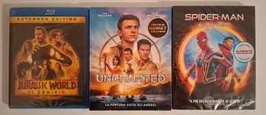 3 BLU-RAY NUOVI JURASSIC UNCHARTED SPIDERMAN