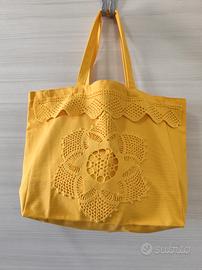 Borsa Tote in tela con applicazione di centrini