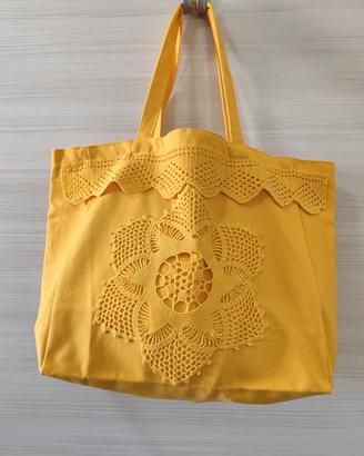 Borsa Tote in tela con applicazione di centrini