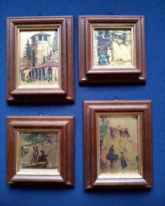 4 piccoli quadri su foglia oro e cornice in legno