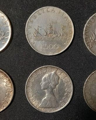 Sei Monete in argento da 500 Lire