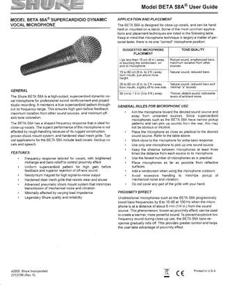 Manuale originale Shure Beta 58A - USA 2005