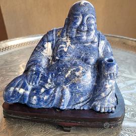 Scultura Buddha in lapislazzuli con base in legno