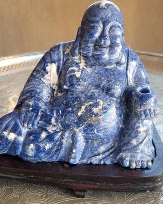 Scultura Buddha in lapislazzuli con base in legno