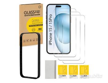kit 3 pellicole vetro temperato iPhone 15 e 15 pro