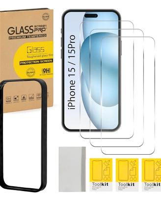 kit 3 pellicole vetro temperato iPhone 15 e 15 pro