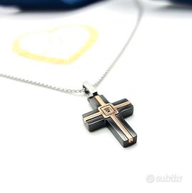 Collana uomo acciaio croce crocifisso Nero oro  