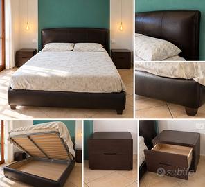 Letto contenitore in vera pelle + 2 comodini